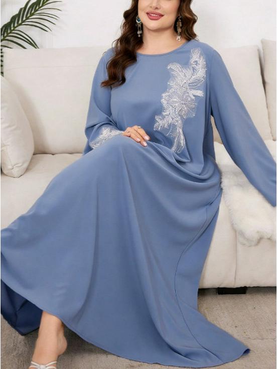 Plus Size Embroidered Loose Round Neck Long Sleeve Dress - Solid Color, Middle Eastern Style 2XL синий