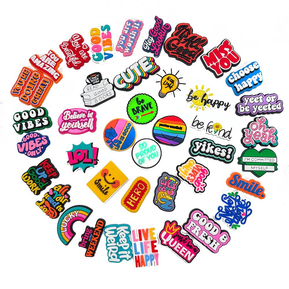 Letter Phrase Series Cartoon Clog Shoe Decorations: Cute PVC Flowers & Buckles