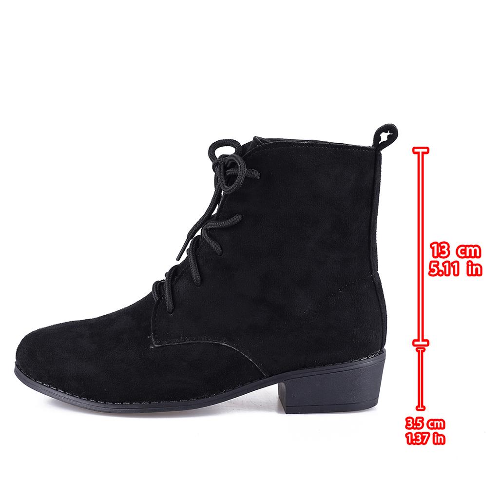 Frosted Velvet Booties Spring and Autumn New Round Toe Lace-up Soft Sole Non-slip Wear-resistant Plus Size Block Heel Shoes