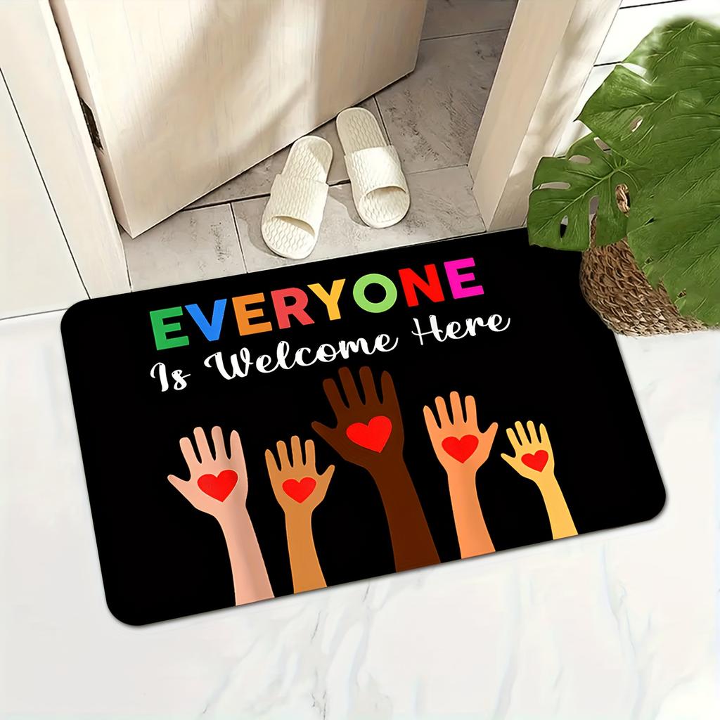 Everyone is Welcome Here Design Doormat, Inclusive Slogan Non-Slip Welcome Rug, Washable Decorative Mat for Home and Entryway