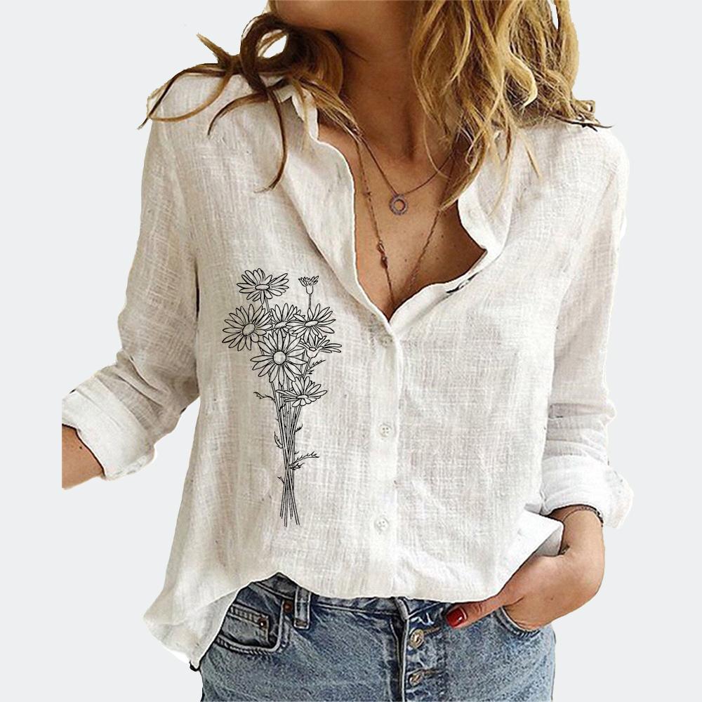 Damen T-Shirt mit Blumenmuster, langärmelig, Reverskragen, Baumwolle und Leinen, Oberteil für Sommer und Herbst, lose Blusen mit Knöpfen
