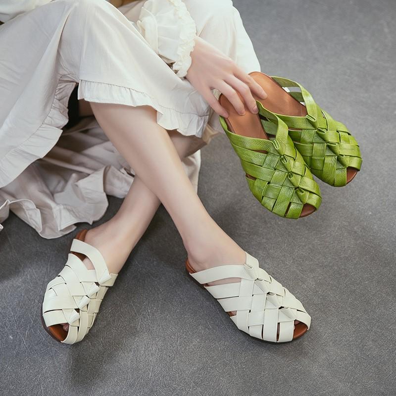 Johnature Genuine Leather Woven Breathable Peep Toe Flat Slippers Casual And Versatile Women's Slip-on Shoes