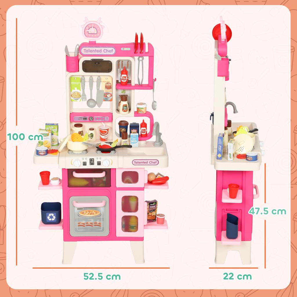 Pretend Play Kitchen Set With Realistic Lights And Sounds 104PCS Toy Kitchen Accessories For Boys And Girls Pink