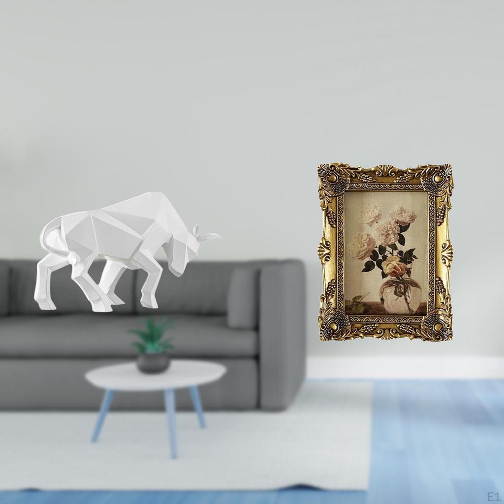 Modern Resin Bull Figurine And Ornate Vintage Photo Frame Decorative Collectible Sculpture for