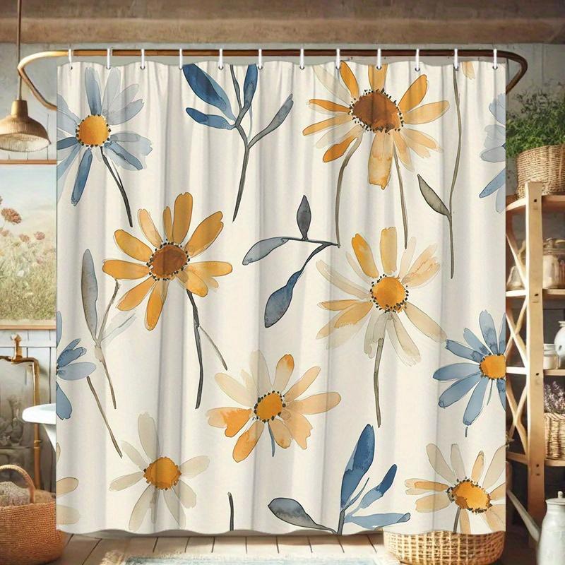 1pc Daisies Slender Leaves Seamless Shower Curtain - Soft Airy Floral Light Cream Polyester,Washable & Fashionable Home Decor