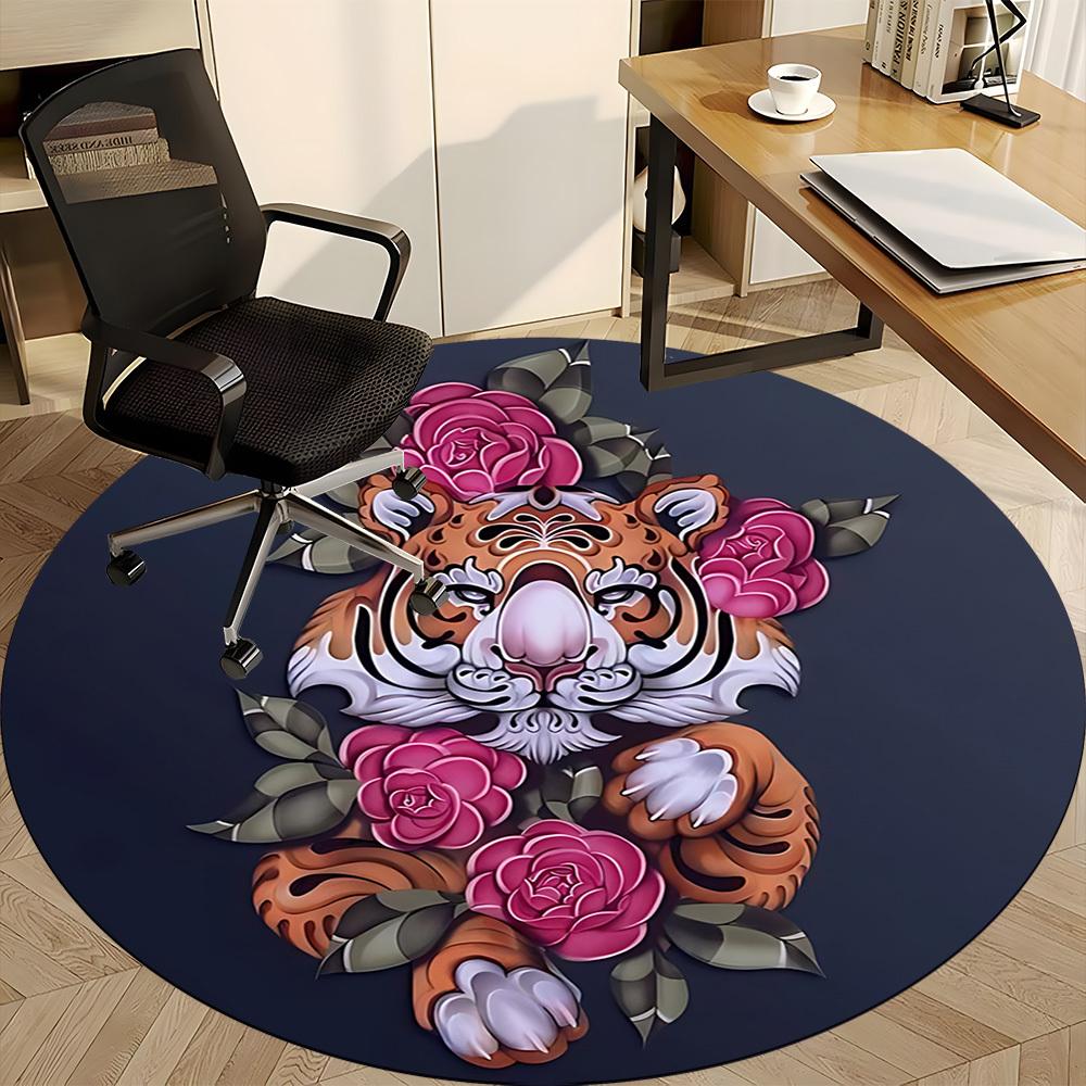 1PC Tiger Roses Office Round Rug, Non slip, Soft and Durable Office Rug for Interior Decoration, Perfect for Office