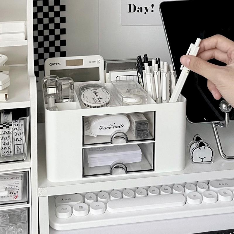 Schlichter, einfarbiger Stifthalter mit 2 Schubladen, großer Kapazität, multifunktionaler Aufbewahrungsbox für Schreibwaren, Schreibtisch-Organizer für Studentenbüros