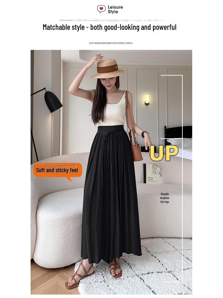 Women's Summer 2024 High-Waist Drape Pants Skirt - Ice Silk & Cotton-Linen Blend with Elastic Waist and Straps
