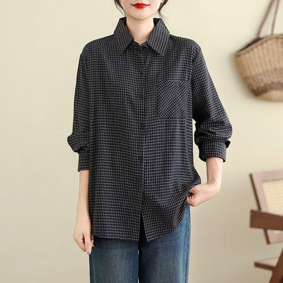 Women's Navy Blue Plaid Loose Long-Sleeve Shirt Casual Oversized Blouse