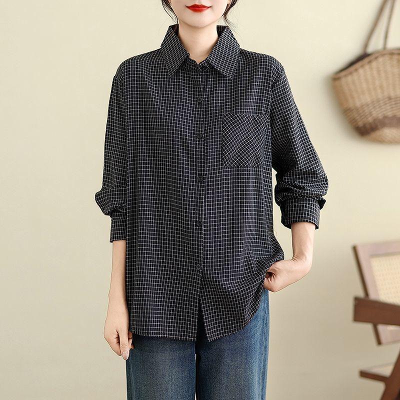 Женская синяя клетчатая свободная рубашка с длинным рукавом, повседневная оверсайз блузка L