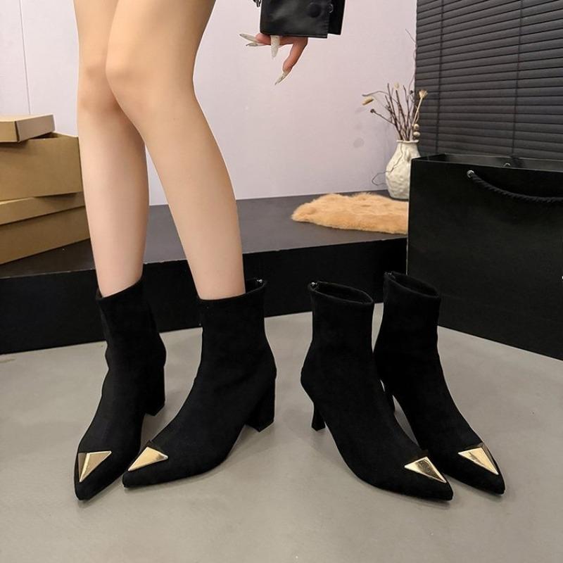 Vintage Stiletto Booties Fashion Pointed Toe Metal Trim Suede Rear Zip Anti-Slip Wear-Resistant Pumps