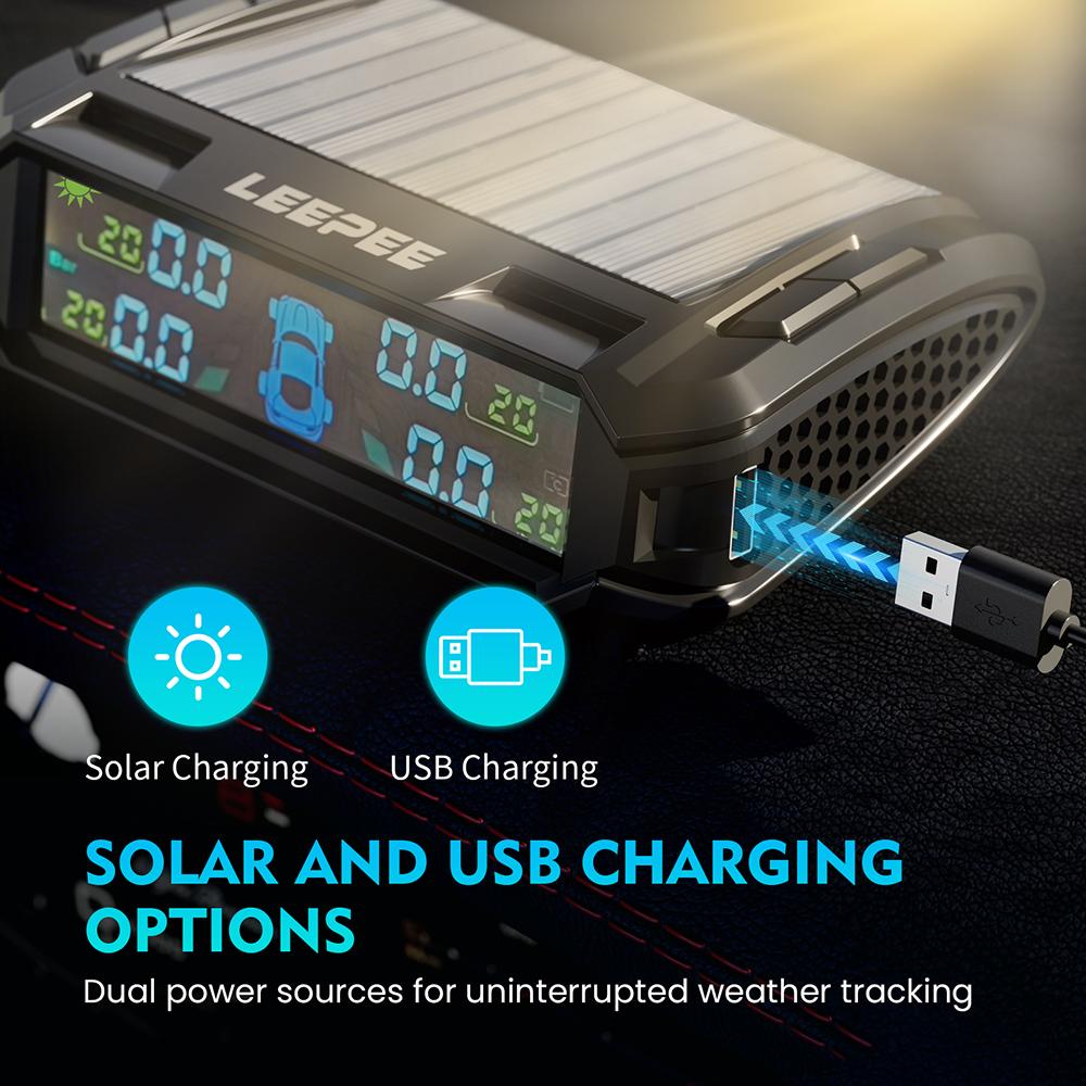 Auto Security Alarm Systems Car Tire Pressure Monitoring System USB / Solar TPMS Tyre Temperature Monitor Digital LCD Display