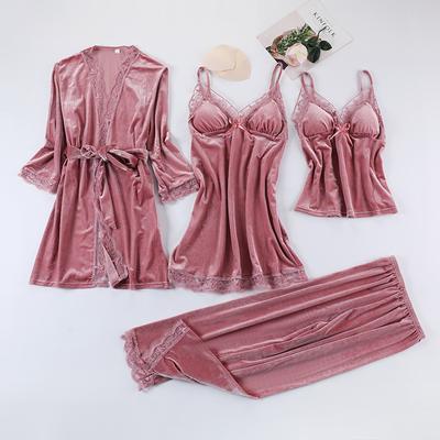 Vierteiliges Damen-Pyjama-Set, Herbst- und Winter-Samt-Hauskleidung, Sexy Spitzen-Pyjama, Trägerhemd, Nachthemd, Bademantelkleid