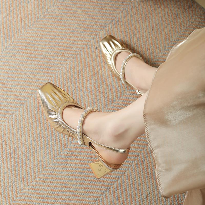 Square head shallow mouth Mary Jane high heels half bag head pearl rhinestone 2025 summer new with skirt thick heel sandals