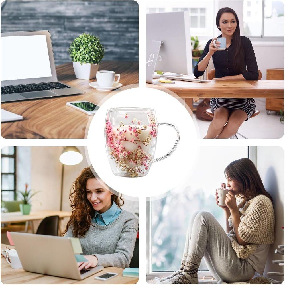 350ml Double Wall Glass Cup Heat Resistant Coffee Mug Elegant Dried Flowers Glass Mugs  Home&Office