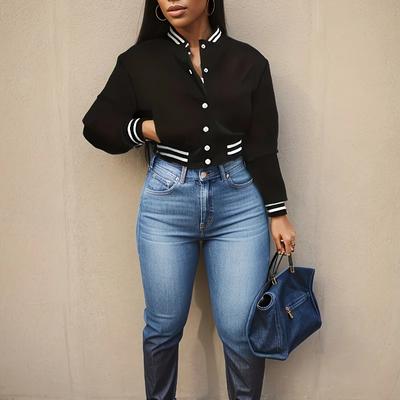 Chaqueta de Primavera y Otoño Europea y para Mujer de Color Liso Chaqueta de Béisbol de Botonadura Única Chaqueta