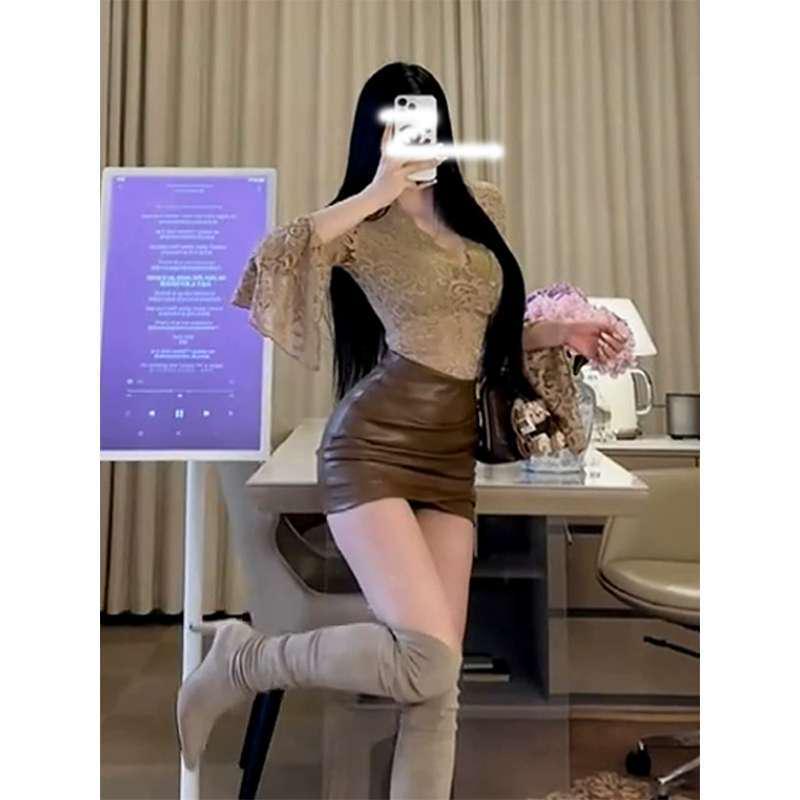 American Spicy V-Neck Lace Long Sleeve Women's Autumn Slimming Top