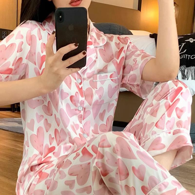 Ice Silk Pajamas Women'S Spring And Summer New Sweet Love Long-Sleeved Simple Wind Loungewear Set Real Shot