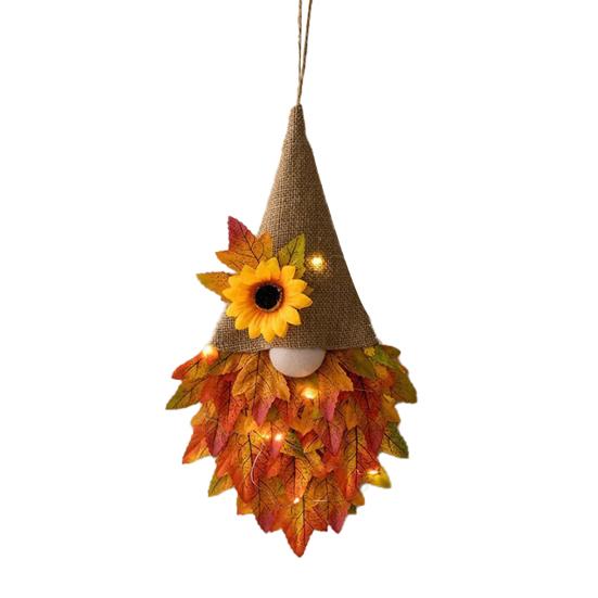 Thanksgiving Maple Leaf Gnome Wreath with String Light Indoor Outdoor Front Door Wall Hanging