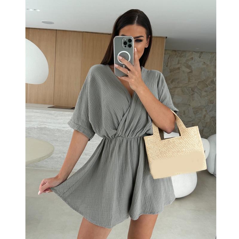 

Летняя мода Комбинезоны с перекрестным V-образным вырезом Свободные женские комбинезоны Повседневные Однотонные С коротким рукавом Элегантные Простые Вечерние Комбинезоны Офисная Уличная одежда Женская одежда 2XL серый
