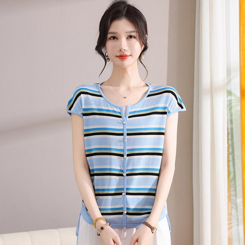

Women s Slimming Ice Silk Short Sleeve Contrast Stripe Cardigan 3XL (recommended for 120-135 jin) синий
