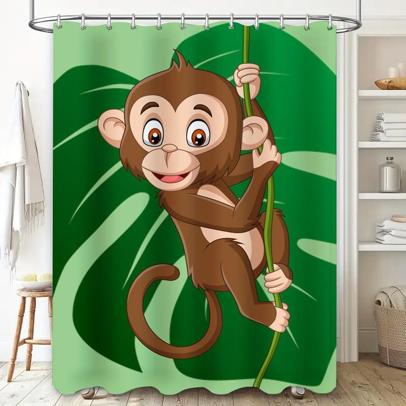 Cute Monkey Cartoon Shower Curtain with Green Leaf Design for Bathroom Decor Animal Print Home Decoration In Bath Curtains from