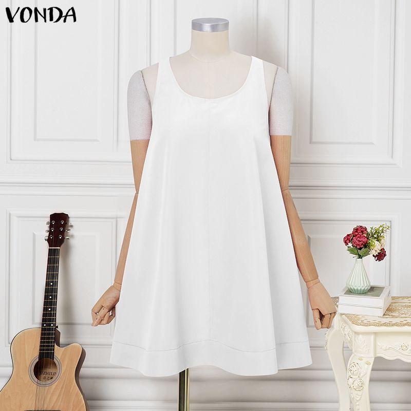 VONDA Summer Women O Neck Sleeveless Casual Long Swing Tank Dress M