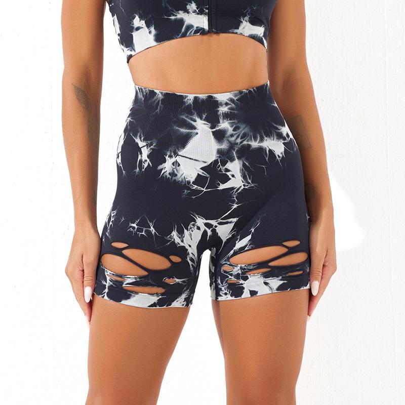 Sports shorts European and American tie-dye yoga fitness shorts ripped sexy three-point pants high waist peach buttocks sports belly yoga shorts