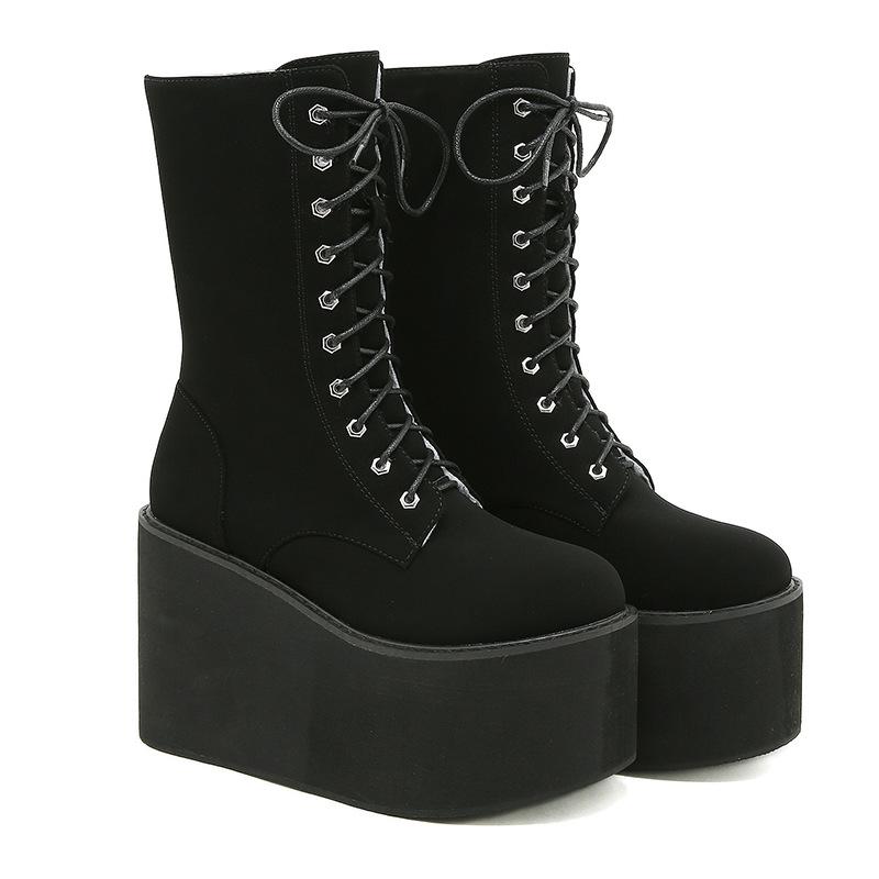 Thick-soled Muffin Women's Boots Front Lace-up Tall Tube Round Head Martin Boots Wedge Heel Solid Color Autumn Women's Boots