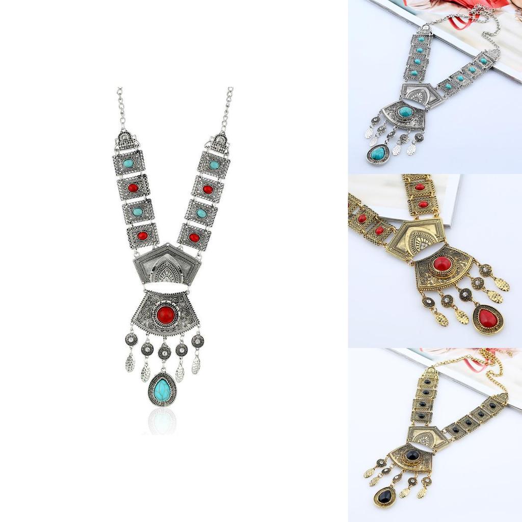 Ethnic Style Simulation Gemstone Decor Women Metal Necklace With Tassel For Vintage Jewelry Enthusiasts