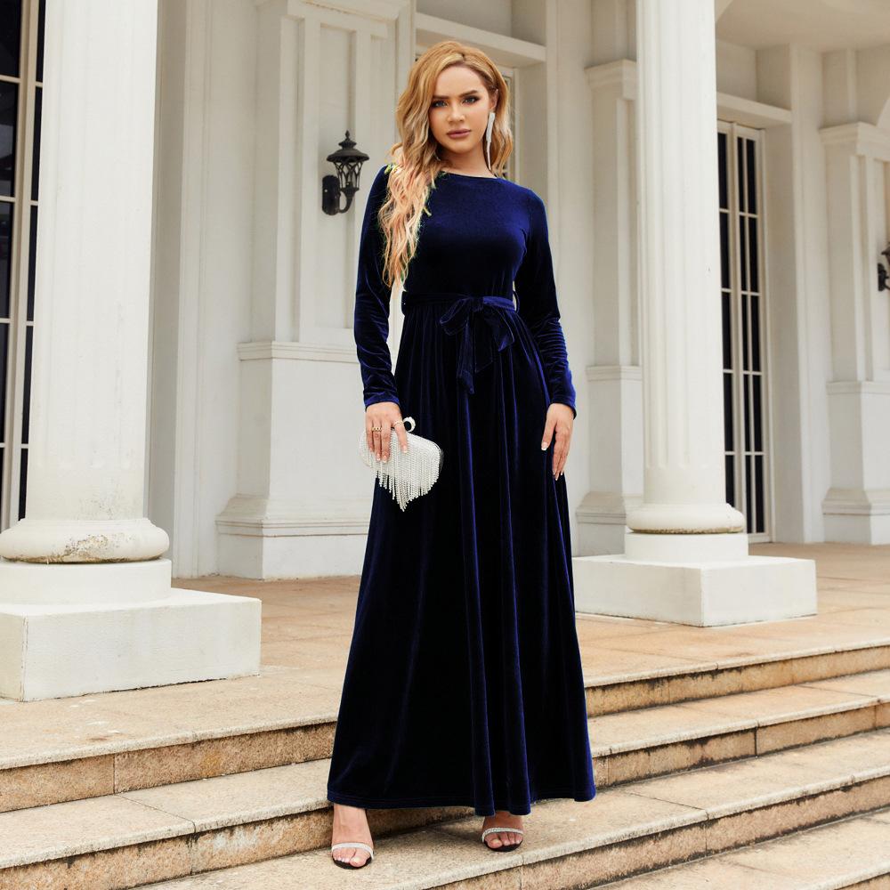 

Women s Velvet Maxi Dress, Elegant Socialite Style Solid Color Gown with Luxurious Texture, Formal Banquet Dress for Special Occasions XXL темно-синього кольору