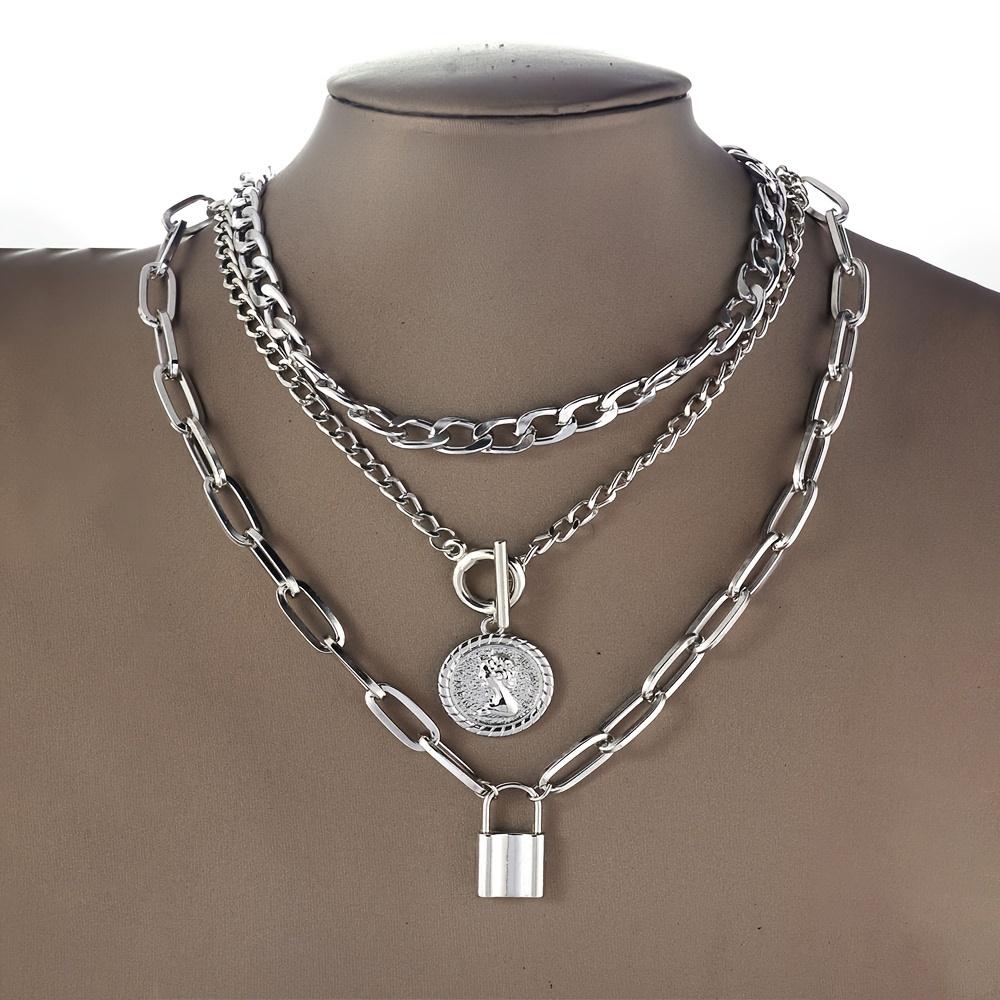 

Панк многослойная кубинская цепочка скрепка цепочка круглая форма портрет кулон OT пряжка ожерелье белый