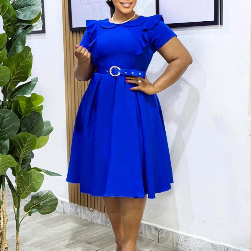 Women's Short-sleeved Doll Collar Solid Color Short-sleeved Ruffle Edge High-waisted Big Swing Dress