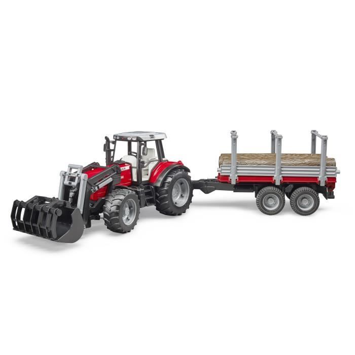 Tracteur MASSEY FERGUSON 7480 Avec Fourche Et Remorque De Transport De Bois - BRUDER