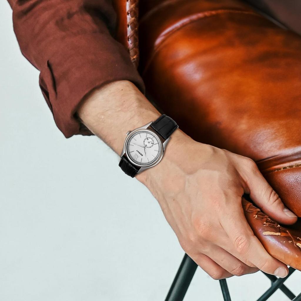 BERNY Waterproof Analog Quartz Watch with Roman Stainless Steel Case and Genuine Leather Strap Men's Numerals,