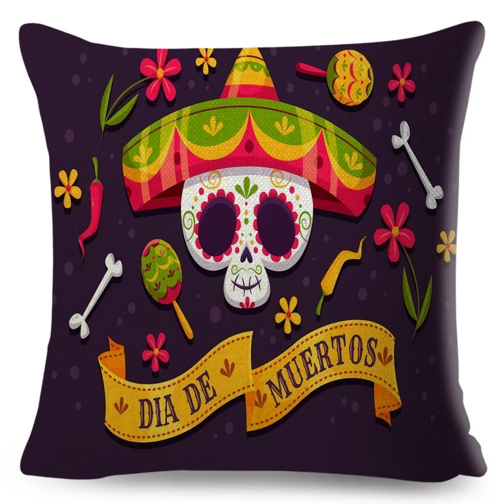 Day Of The Dead Pillowcase Decor Cartoon Mexico Flower Skull Print Cushion Cover for Sofa Home Polyester Pillow Case 45x45cm