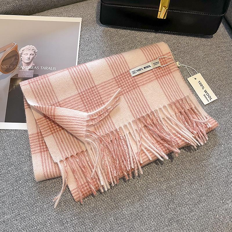 100% Pure Wool Scarf Female Winter Warm Cashmere Shawl Checkerboard Grain Design Couple Accessory Premium Sense Windproof Scarf