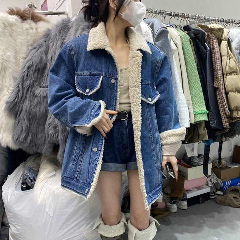 Winter Lamb Wool Denim Short Jacket Women's Retro Temperament Thin Thickened Warm Cotton Jacket Top Velvet