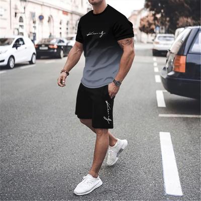 Conjunto de ropa deportiva con cuello redondo para hombre, estampado 3D, franjas de diferente Color, camiseta de verano, pantalones cortos, conjunto de 2 piezas, Jersey grande, moda para hombre