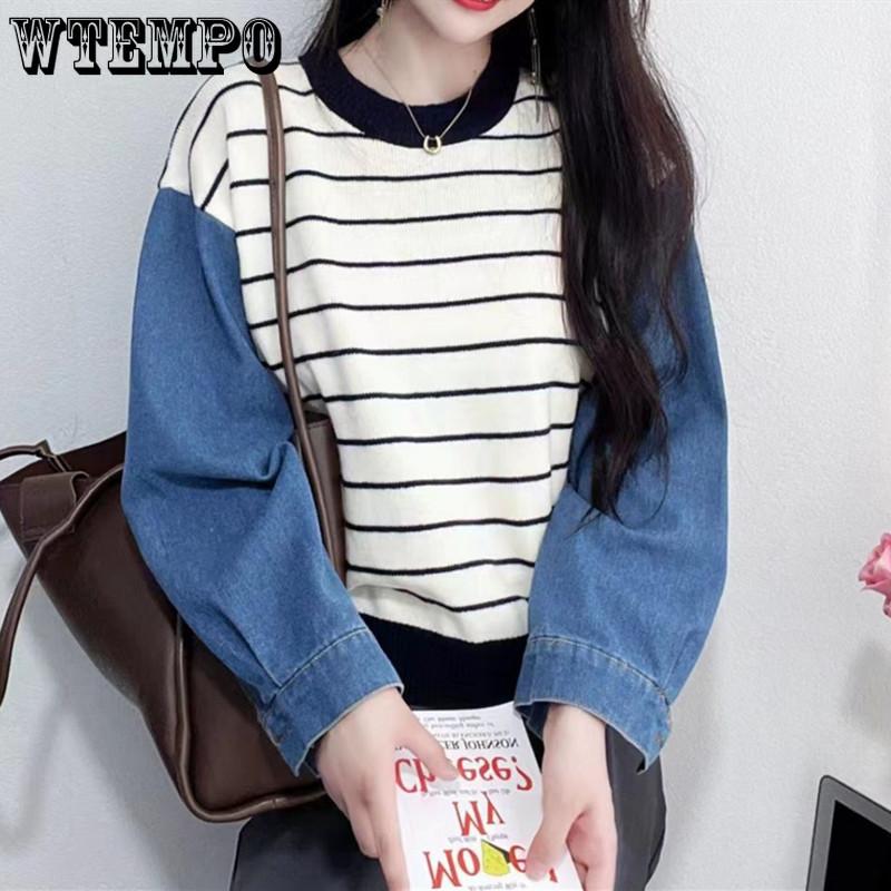 Round Neck Striped Denim Sleeve Patchwork Knitted Sweater for Women Autumn and Winter Loose Outerwear