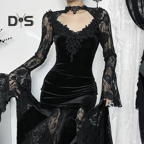Women Cosplay Dress Dark Style Halloween Party Costume Lace Patchwork Flower Embroidery Fish Tail Hem Long Sleeves Tight Waist A-line Performance