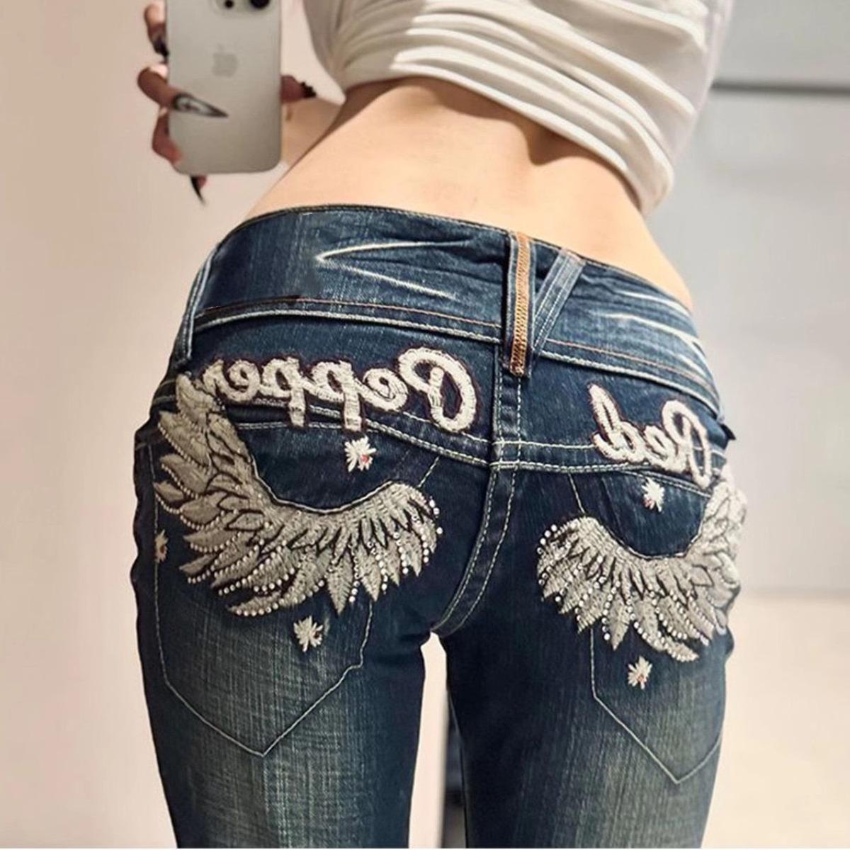 

RogueWave American Retro Design Wing Embroidery Low Waist Women Jeans Flared Trousers Y2k Fashion Casual Hot Girl Pants XL