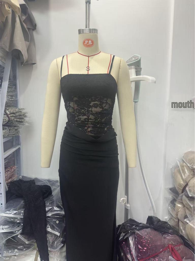 Elegante Abito Canotta con Patchwork di Pizzo Stile Europeo e Americano per Donna - Abbigliamento da Banchetto Sexy e Modellante