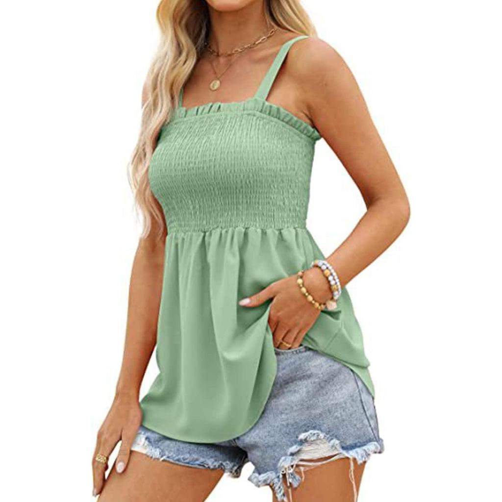 Damen Sommer Lose Ärmellose Hosenträger Plissee Rüschen Schlank Tunika Casual Tops Weste Bluse