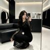 New Autumn and Winter French Temperament Celebrity Slim Hollow Lace Mesh Suspender Dress Sexy Two-piece Set