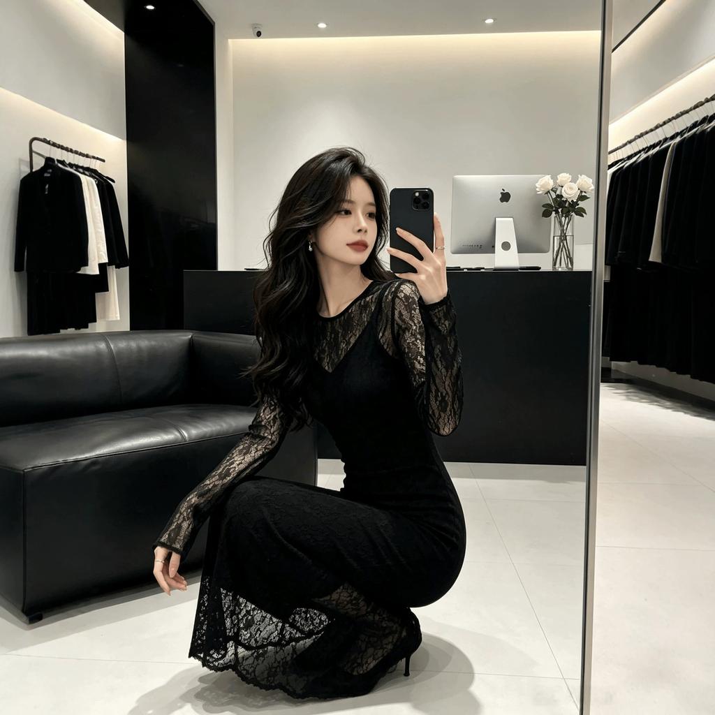 New Autumn and Winter French Temperament Celebrity Slim Hollow Lace Mesh Suspender Dress Sexy Two-piece Set
