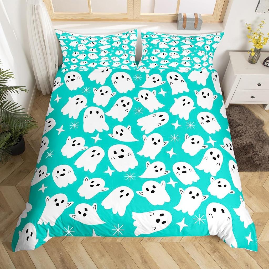 Ghost Duvet Cover Queen King Size Cartoon Cute Ghost Decorative Bedding Set for Kids Girls Teens Happy Halloween 3 Piece Set