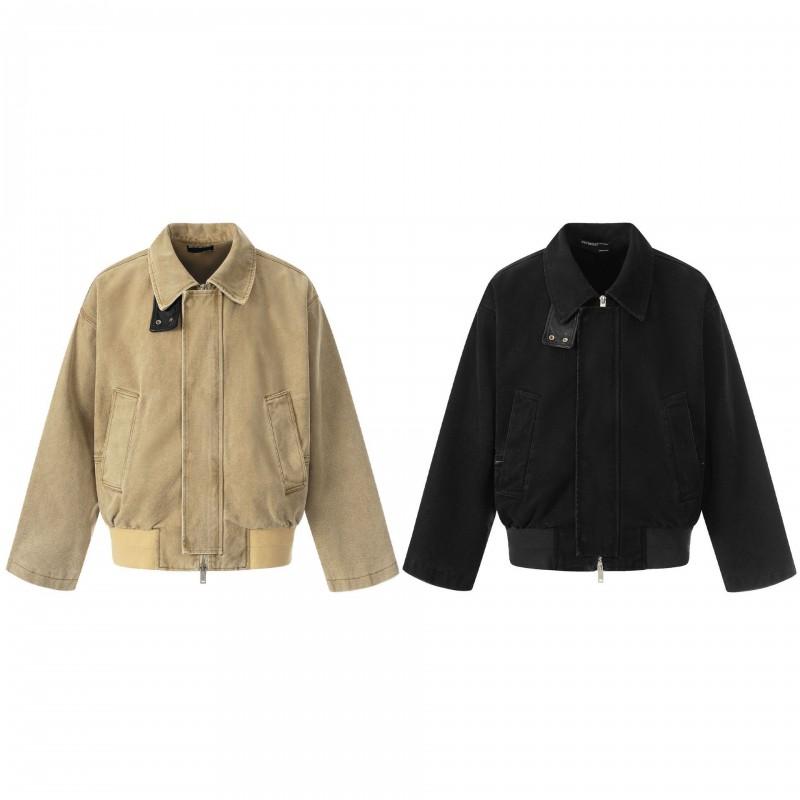 Unisex Oversized Relaxed Fit Cotton Barn Jacket With Distressed Texture Flip Collar Short Wide Workwear Style