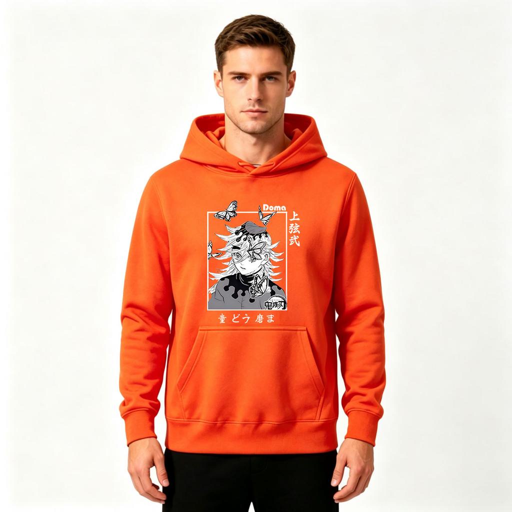 Anime Demon Slayer Doma Print Men Pullover Hoodie Casual Long Sleeve Sweatshirt