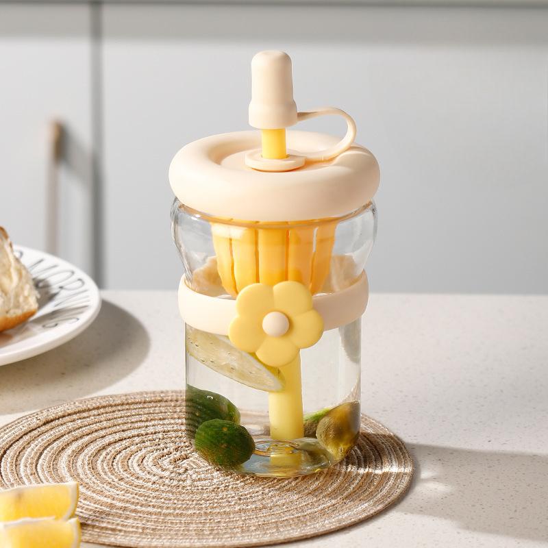 Summer Simple Flower Cup with Straw Coffee Cup Girls' Glass Water Cup